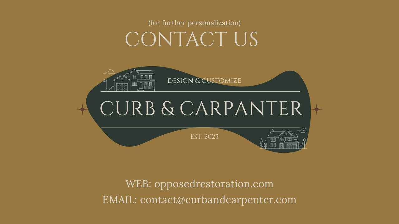 Curb & Carpenter contact card — Web: opposedrestoration.com, Email: contact@curbandcarpenter.com